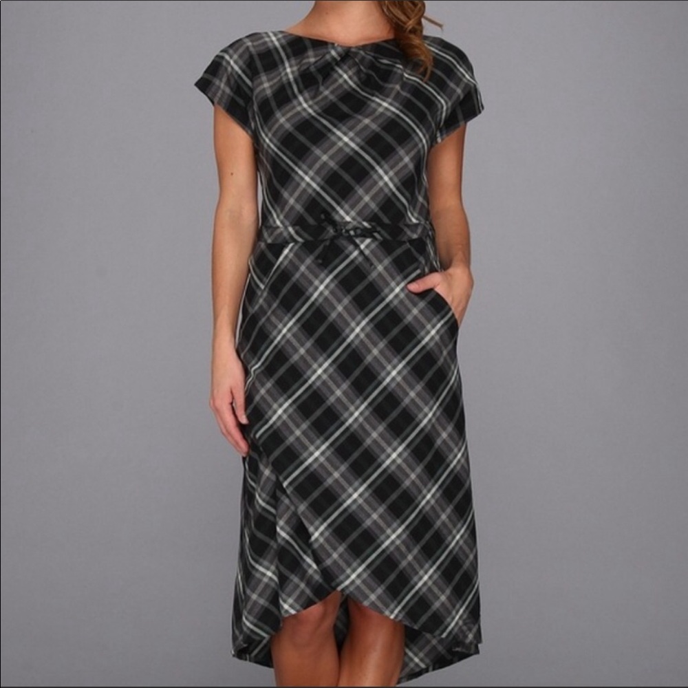 Patagonia San Benito Dress High Low Tie Waist Cutout Back Gray Plaid Flannel 4